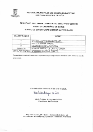 Resultado Preliminar do Processo Seletivo nº 07/2025 - Agente Comunitário de Saúde (Cargo em substituição licença maternidade)