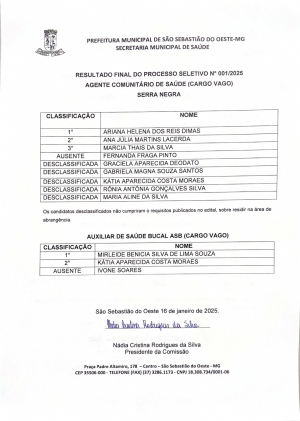 Resultado Final do Processo Seletivo N° 001/2025 - Agente Comunitário de Saúde (Cargo vago) Serra Negra