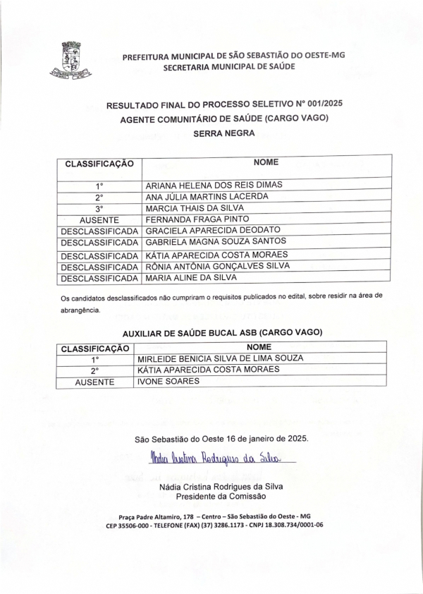 Resultado Final do Processo Seletivo N° 001/2025 - Agente Comunitário de Saúde (Cargo vago) Serra Negra