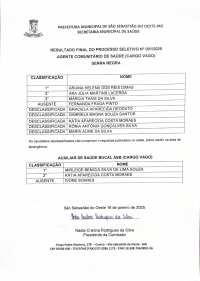 Resultado Final do Processo Seletivo N° 001/2025 - Agente Comunitário de Saúde (Cargo vago) Serra Negra