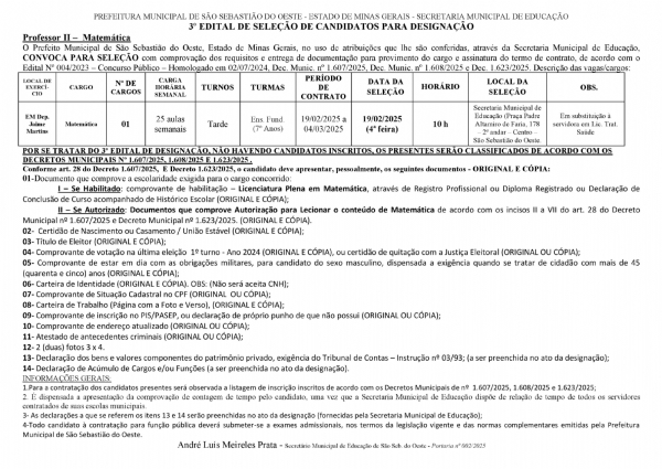 Edital 03/2025 - Seleção e Convocação Professor II (Matemática) - Em subst.
