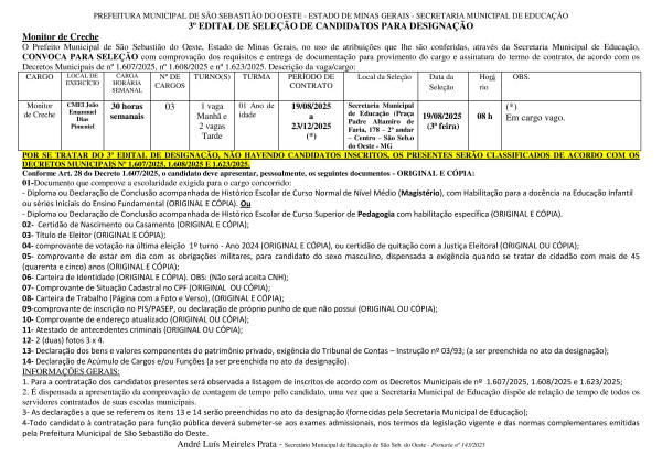 Designação de Monitor de Creche - Edital 03/2025