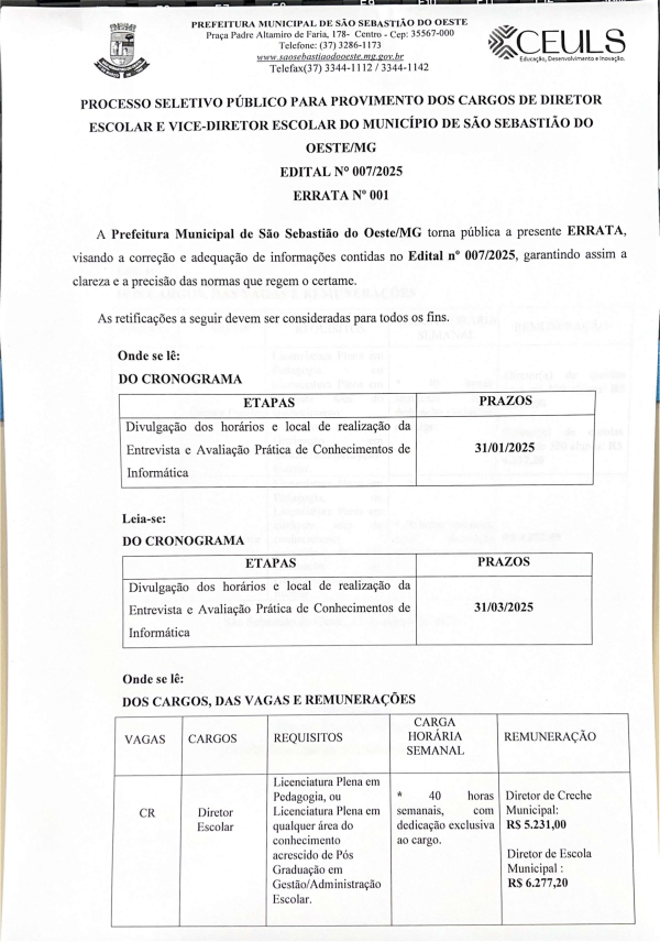 Errata - Processo Seletivo para Diretor e Vice-diretor - Edital 007/2025
