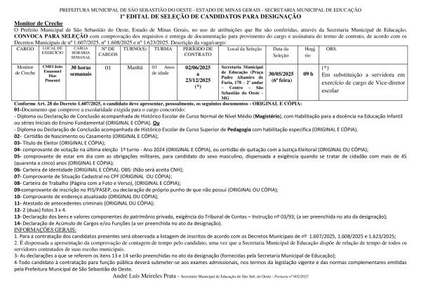 Edital 01/2025 - Monitor de Creche