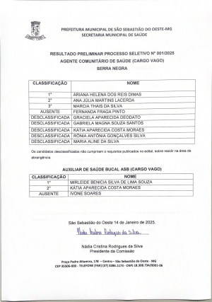 Resultado Preliminar Processo Seletivo N° 001/2025 - Agente Comunitário de Saúde (Cargo vago) Serra Negra