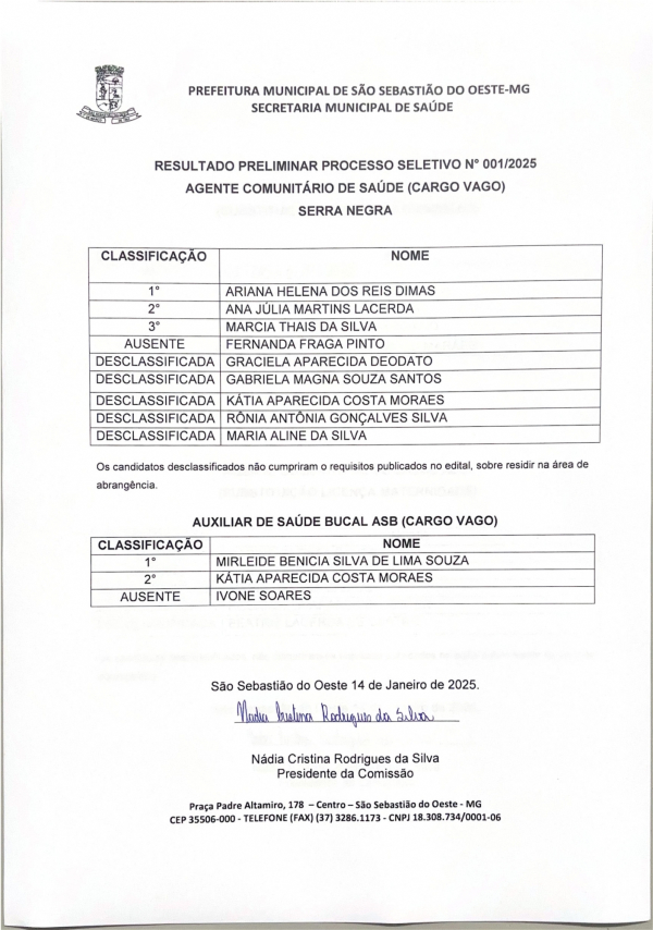 Resultado Preliminar Processo Seletivo N° 001/2025 - Agente Comunitário de Saúde (Cargo vago) Serra Negra