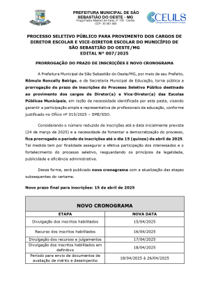 Prorrogação do Prazo de Inscrição e Novo Cronograma - Processo Seletivo para provimento de Cargos de Diretor Escolar, Vice-diretor Escolar - Edital n° 007/2025