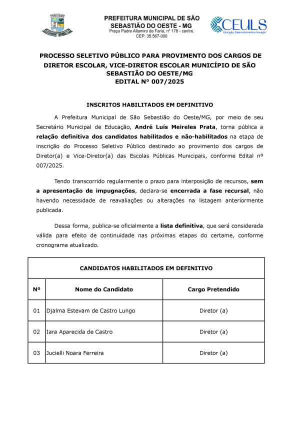 Inscritos habilitados em definitivo - Processo Seletivo Público para Provimento dos Cargos de Diretor Escolar, Vice-diretor Escolar Município de São Sebastião do Oeste/MG Edital n° 007/2025