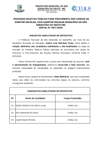 Inscritos habilitados em definitivo - Processo Seletivo Público para Provimento dos Cargos de Diretor Escolar, Vice-diretor Escolar Município de São Sebastião do Oeste/MG Edital n° 007/2025