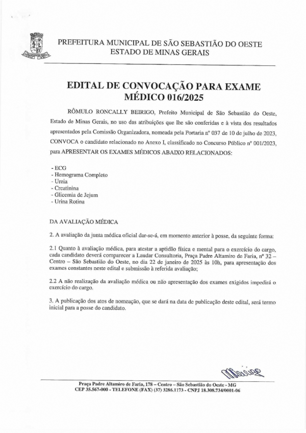 Edital de Convocação para Exame Médico 016/2025