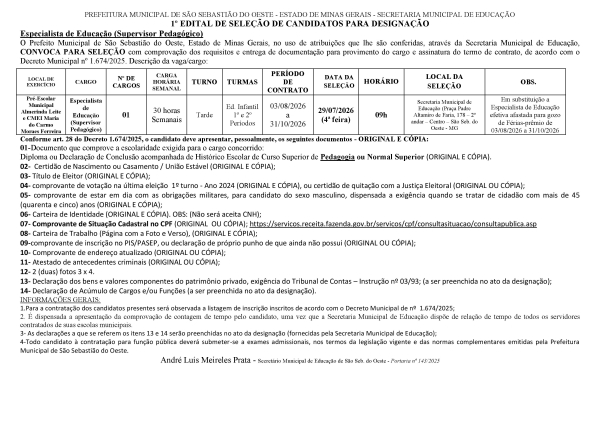 Convocação Especialista de Educação (Supervisor Pedagógico) - Edital 01/2026