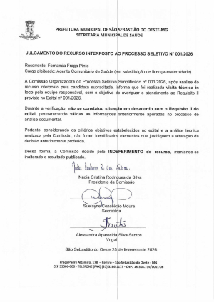Julgamento Recurso - Processo Seletivo 01/2026 - Agente Comunitário de Saúde
