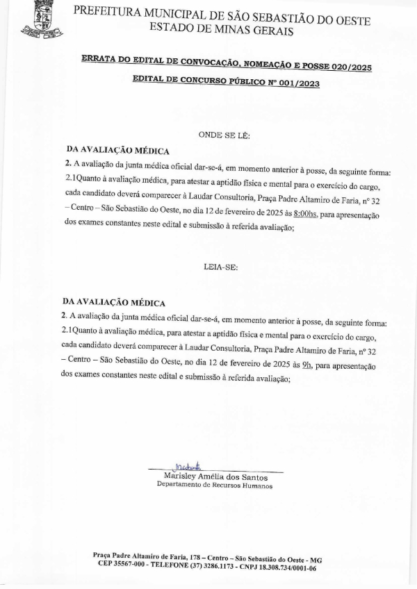 Errata do Edital de Convocação Nomeação e Posse 020/2025 - Edital de Concurso Público N° 001/2023