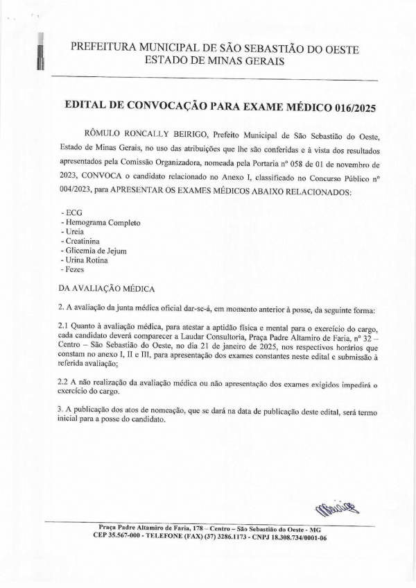 Edital de Convocação para Exame Médico 016/2025