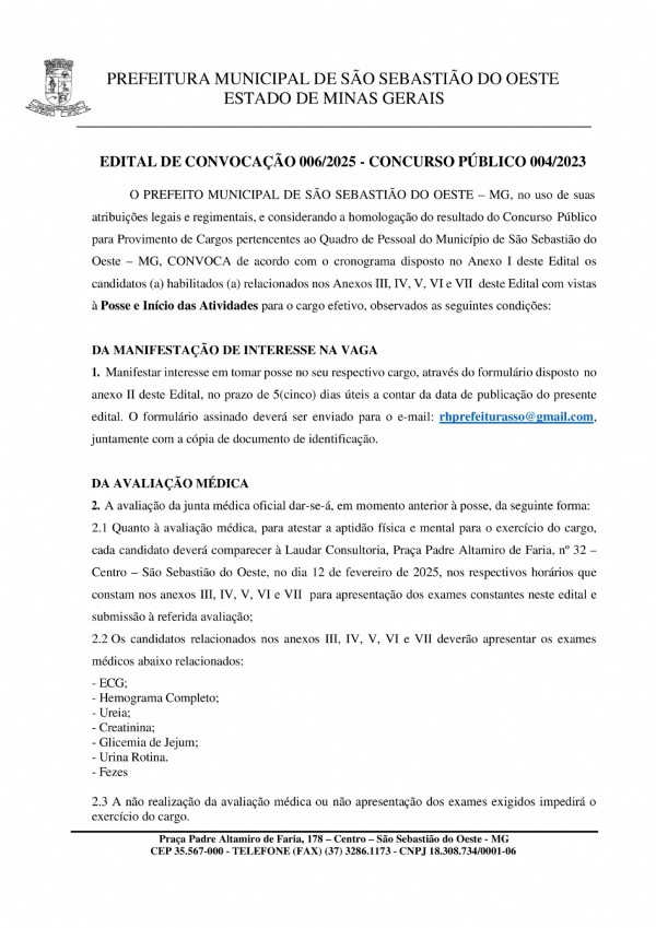 Edital de Convocação 006/2025 - Concurso Público 004/2023