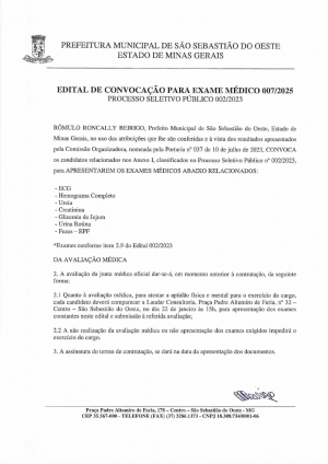 Edital de Convocação para Exame Médico 007/2025 - Processo Seletivo Público 002/2023