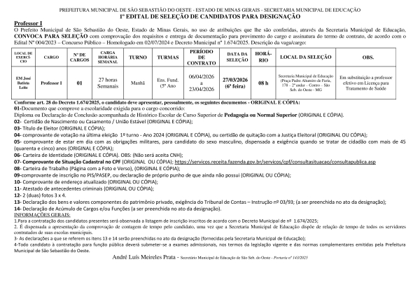 Convocação Professor I - Edital 01/2026 (27.03.2026)
