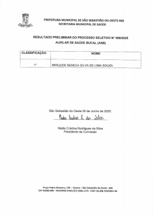 Resultado Preliminar - Processo Seletivo para preenchimento de vaga de Auxiliar de Saúde Bucal (ASB)