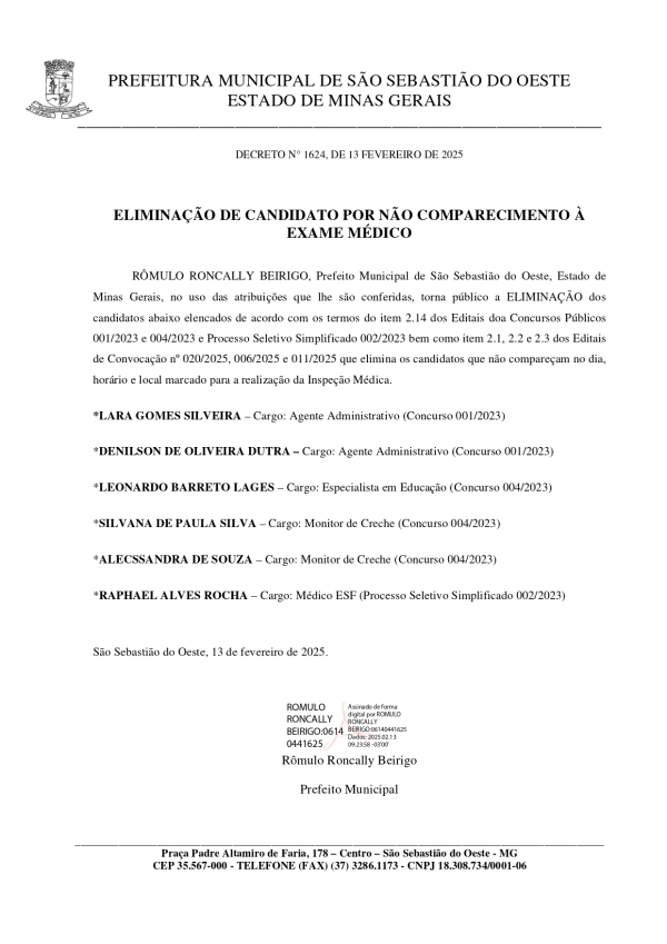 Eliminação de candidato por não comparecimento à exame médico - Decreto Nº 1624/2025