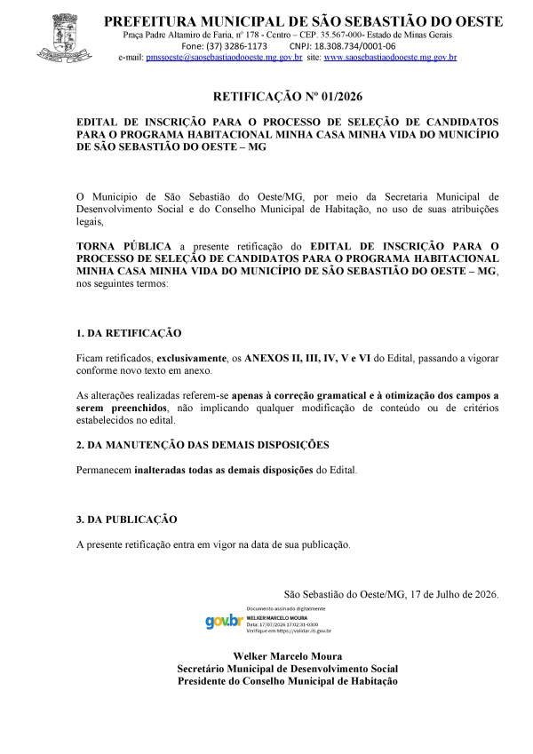 Retificação nº 01/2026 - MCMV