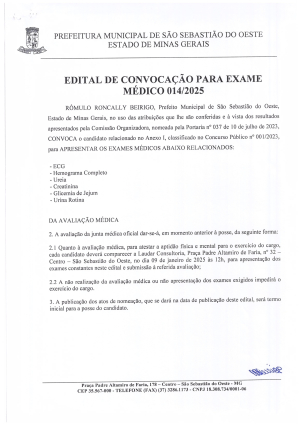 Edital de Convocação para Exame Médico 014/2025