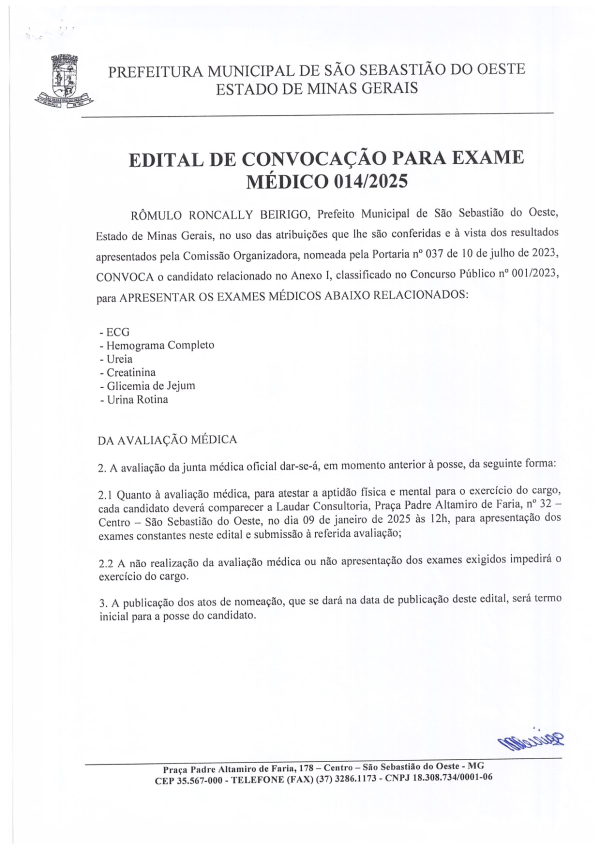 Edital de Convocação para Exame Médico 014/2025