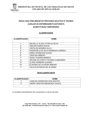 Resultado Preliminar do Processo Seletivo n° 003/2025 Auxiliar de Enfermagem Plantonista (substituição temporária)