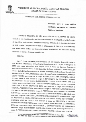 Nomeiam para o cargo público candidatos aprovados em Concurso Público nº 004/2023 - Decreto 1619/2025