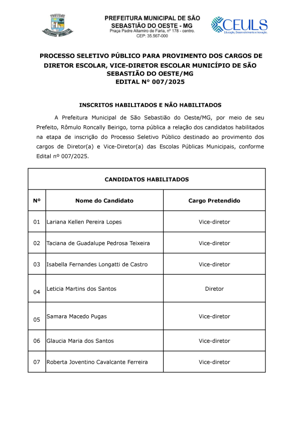 Processo Seletivo Público para Provimento dos Cargos de Diretor Escolar, Vice-diretor Escolar Município de são Sebastião do Oeste/MG Edital n° 007/2025