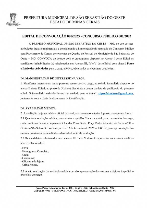 Edital de Convocação 020/2025 - Concurso Público 001/2023