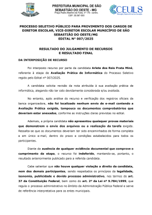 Resultado do Julgamento dos Recursos e Resultado Final - Processo Seletivo Público para Provimento dos Cargos de Diretor Escolar, Vice-diretor Escolar Município de São Sebastião do Oeste/MG Edital n° 007/2025
