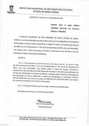 Nomeia para o cargo público candidata aprovada em Concurso Público n° 004/2023 - Decreto 1628/2025