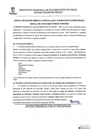 Edital de Exame Médico, Convocação, Nomeação e Posse 005/2025 - Concurso Público 004/2023