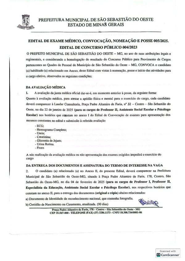 Edital de Exame Médico, Convocação, Nomeação e Posse 005/2025 - Concurso Público 004/2023