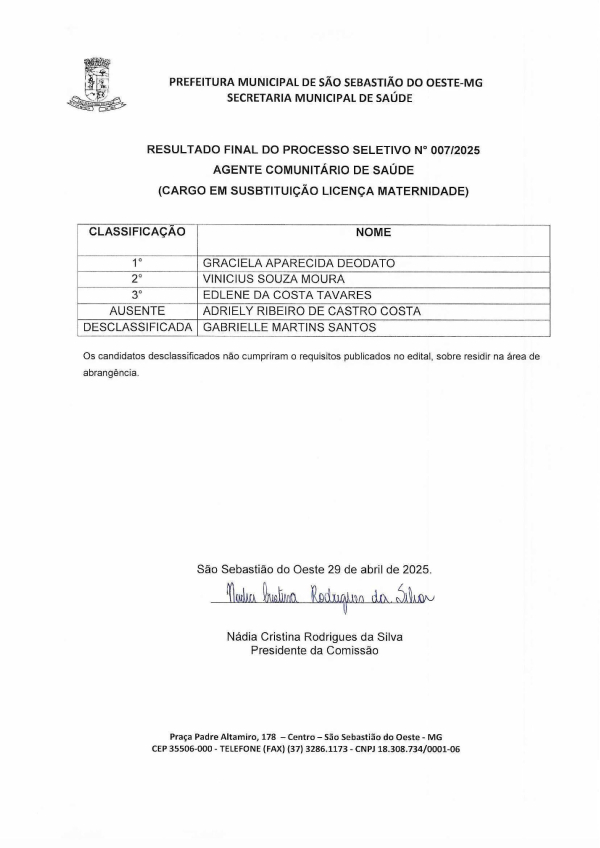Resultado Final do Processo Seletivo nº 07/2025 - Agente Comunitário de Saúde (Cargo em substituição licença maternidade)