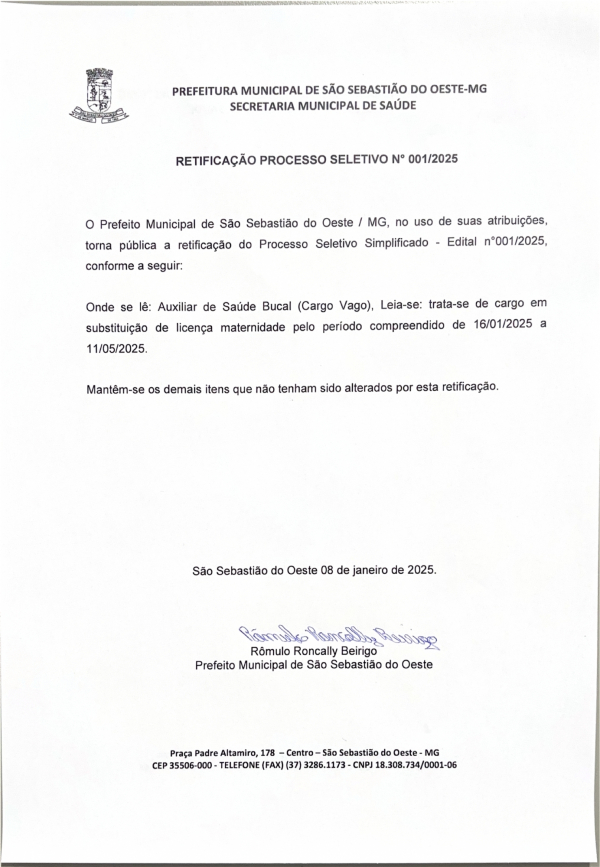 Retificação Edital Processo Seletivo Nº 001/2025