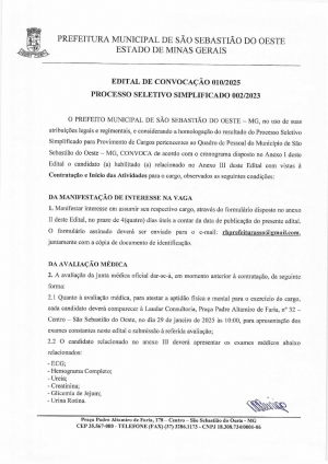 Edital de Convocação 010/2025 - Processo Seletivo 002/2023