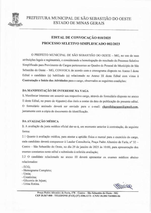 Edital de Convocação 010/2025 - Processo Seletivo 002/2023