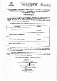 Homologação - Edital para o Processo de Seleção e Eleição dos Membros do Conselho Tutelar do Município de São Sebastião do Oeste/MG Nº 04/2024