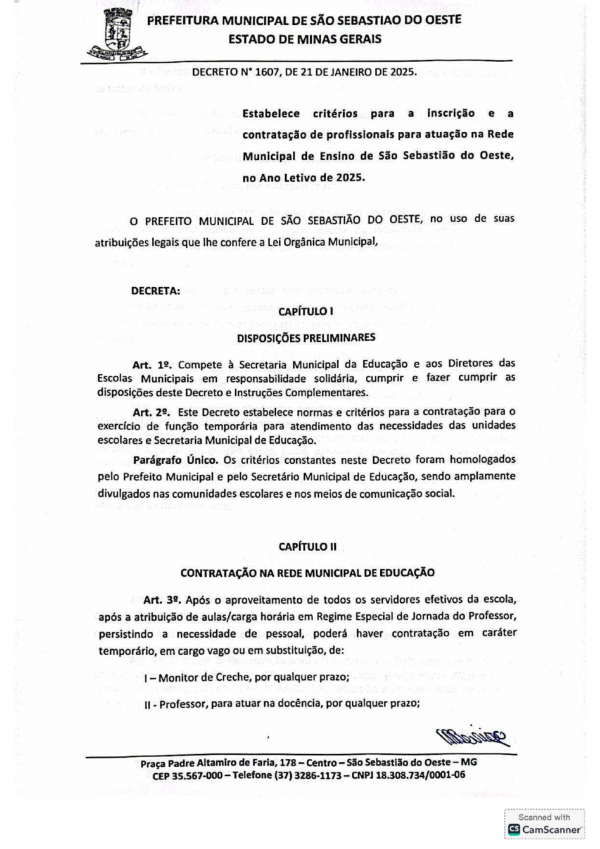 Estabelece critérios para a Inscrição e contratação de profissionais para atuação na Rede Municipal de Ensino de São Sebastião do Oeste, no Ano Letivo de 2025 - Decreto n.º 1.607/2025