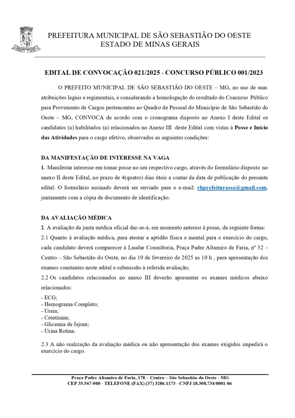 Edital de Convocação 21/2025 - Concurso Público 001/2023