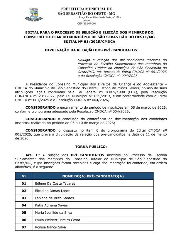 Divulgação da Relação dos Pré-candidatos - Edital 001/2025/CMDCA