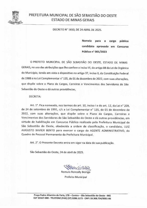 Nomeia para o cargo público candidato aprovado em Concurso Público nº 001/2023 - Decreto 1650/2025