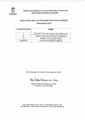 Resultado Final do Processo Seletivo N° 006/2025 - Fonoaudiólogo
