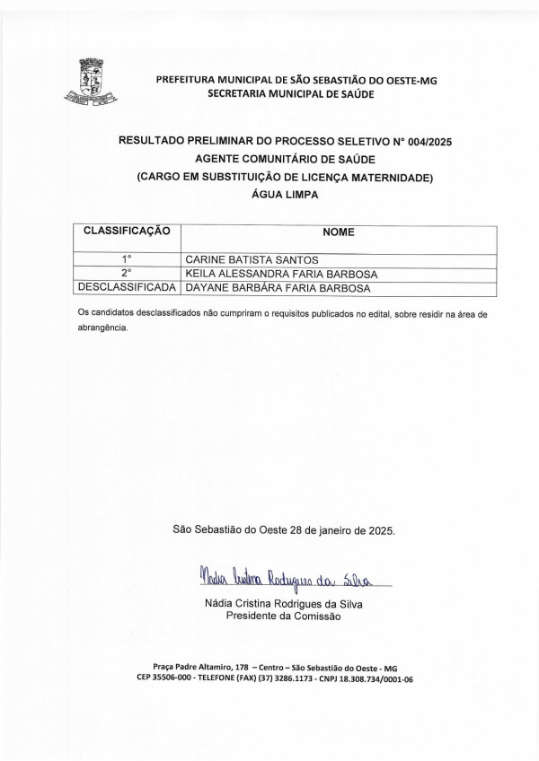 Resultado Preliminar Processo Seletivo N° 004/2025 - Agente Comunitário de Saúde (Cargo em substituição de licença maternidade) Água Limpa