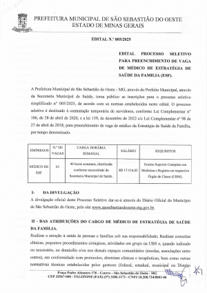Edital 005/2025 - Processo Seletivo - (Médico ESF)
