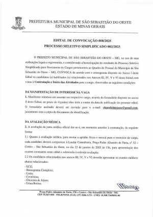 Edital de Convocação 008/2025 - Processo Seletivo Simplificado 002/2023