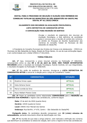 Julgamento dos Recursos da Avaliação Psicológica, Lista Definitiva de Candidatos Aptos e Convocação para Reunião de Sorteio - Processo Seletivo Suplementar Conselho Tutelar