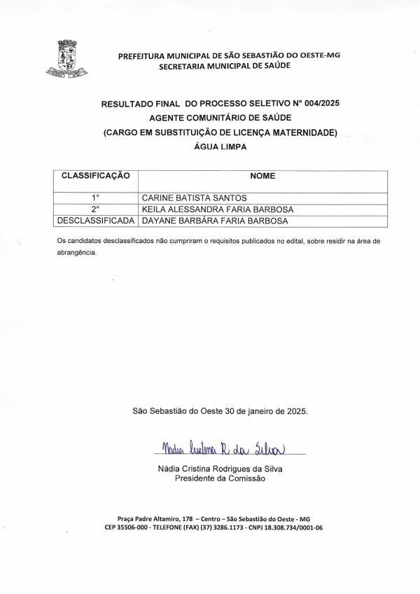 Resultado Final do Processo Seletivo N° 004/2025 - Agente Comunitário de Saúde (Cargo em substituição de Licença Maternidade) Água Limpa