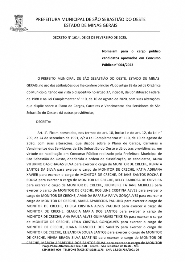 Nomeiam para o cargo público candidatos aprovados em Concurso Público n° 004/2023 - Decreto 1614/2025